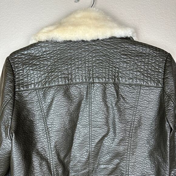 French Connection Faux Leather Fur Collar Moto Jacket Olive Green Large - Picture 8 of 11